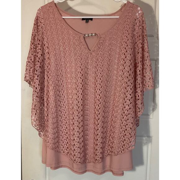 Onyx Tops - Onyx Coral Tank W/Crochet Lace batwing Poncho Style Overlay Pearl Feature Top 3X